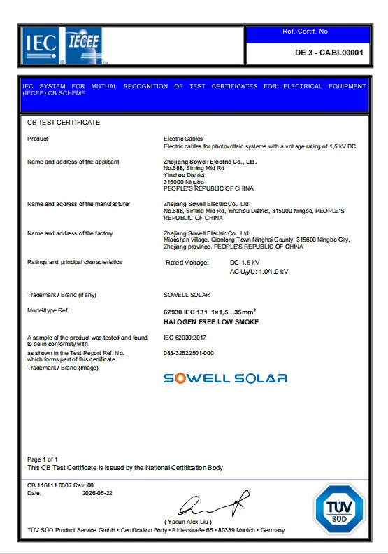 SOWELLSOLAR Photovoltaic Cables Receive TÜV SÜD IECEE-CB Certification Recognition